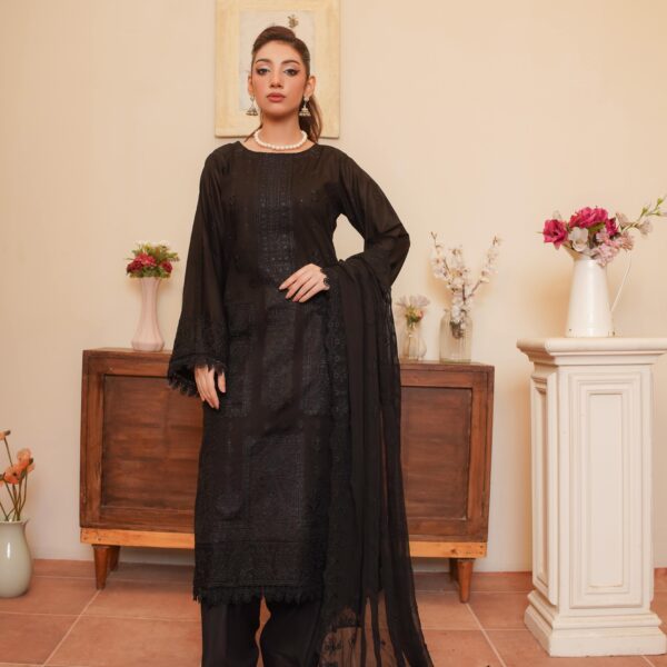 Manizay Black Special Premium Embroidered Lawn With Embroidered Chiffon Dupatta M-06