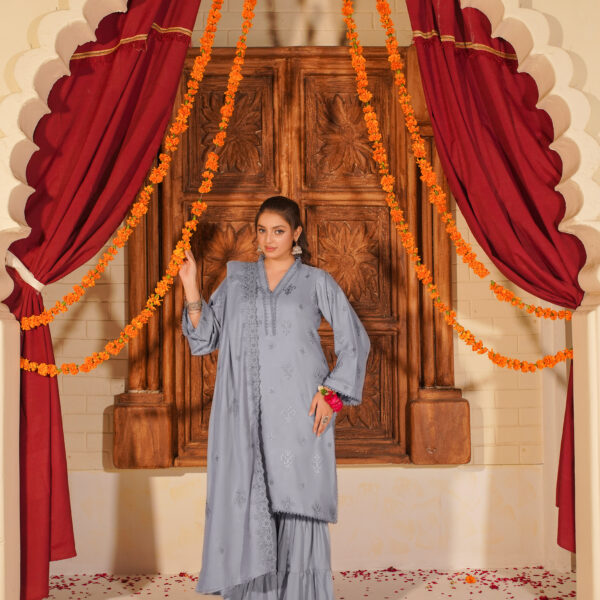 Manizay Urooj Premium Embroidered Peach Leather With Embroidered Wool Shawl M-03