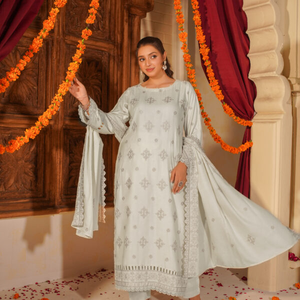 Manizay Urooj Premium Embroidered Peach Leather With Embroidered Wool Shawl M-04