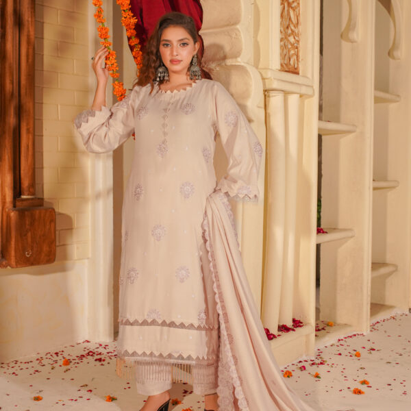 Manizay Urooj Premium Embroidered Peach Leather With Embroidered Wool Shawl M-08