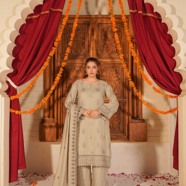 Manizay Urooj Premium Embroidered Peach Leather With Embroidered Wool Shawl M-01