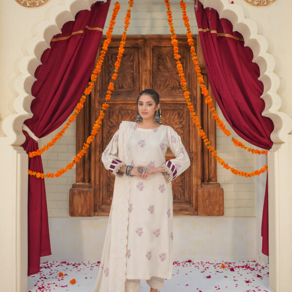 Manizay Urooj Premium Embroidered Peach Leather With Embroidered Wool Shawl M-09