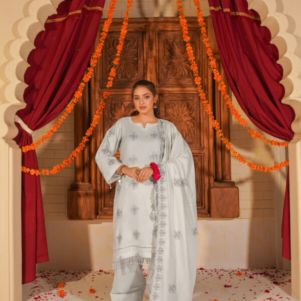 Manizay Urooj Premium Embroidered Peach Leather With Embroidered Wool Shawl M-02